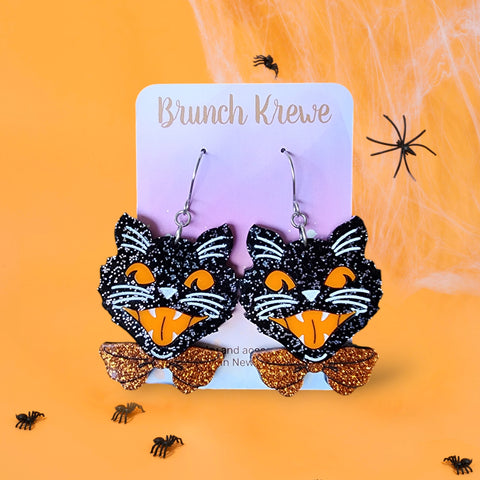 Vintage Inspired Glittery Halloween Cat Earrings